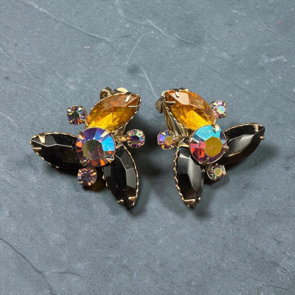Vintage Signed Celebrity NY Rhinestone Clip On Earrings Honey Yellow Black AB